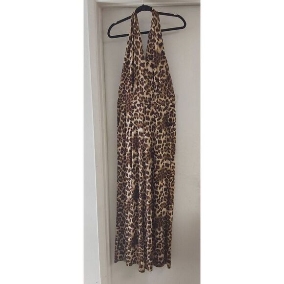 NWOT~VENUS Silky Leopard Print Front Slit Halter Style Jumpsuit Sz M - Picture 1 of 4